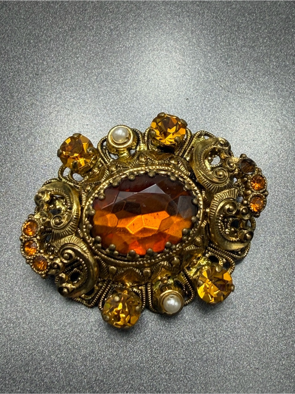 Vintage West German Gold Brooch with Amber #cz544